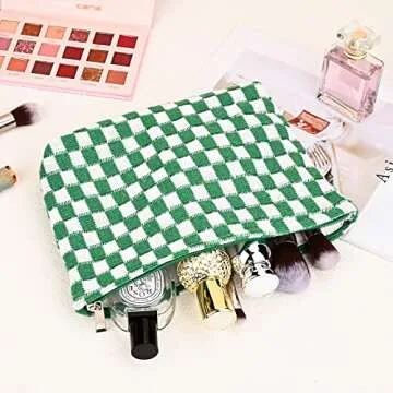 SOIDRAM 2 Pieces Makeup Bag Large Checkered Cosmetic Bag Capacity Canvas Mix Travel Toiletry Bag Organizer Cute Makeup Brushes Aesthetic Accessories Storage Bag for Women, Checkered Mix Green