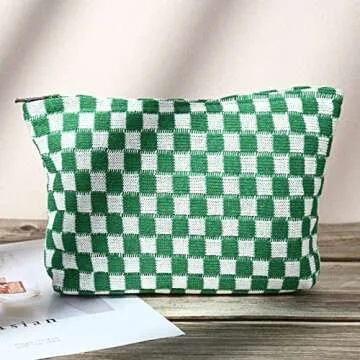 SOIDRAM 2 Pieces Makeup Bag Large Checkered Cosmetic Bag Capacity Canvas Mix Travel Toiletry Bag Organizer Cute Makeup Brushes Aesthetic Accessories Storage Bag for Women, Checkered Mix Green