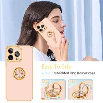 Fingic for iPhone 15 Pro Max Phone Case[with 360° Ring Holder][Support Magnetic Car Mount] Cute Kickstand Slim Women Girl Nonslip TPU Rugged Bumper Protective Case for for iPhone 15 Pro Max,Rose Gold