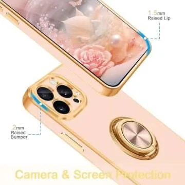 Fingic for iPhone 15 Pro Max Phone Case[with 360° Ring Holder][Support Magnetic Car Mount] Cute Kickstand Slim Women Girl Nonslip TPU Rugged Bumper Protective Case for for iPhone 15 Pro Max,Rose Gold