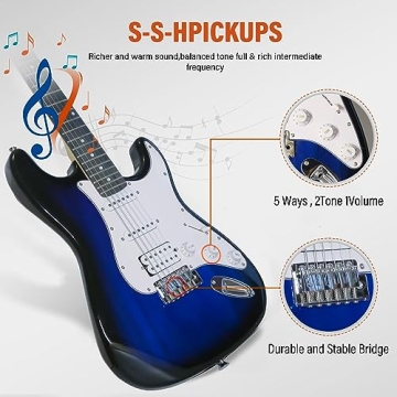 Ermik Soild Body Electric Guitar Kit with Amp 20W, Strings, Strap, Digital Tuner, Picks, Gig Bag, Cable, Tremolo Bar, 39" Full Size Guitar HSS Pickups Guitarra Electrica Beginner Gift - Blue