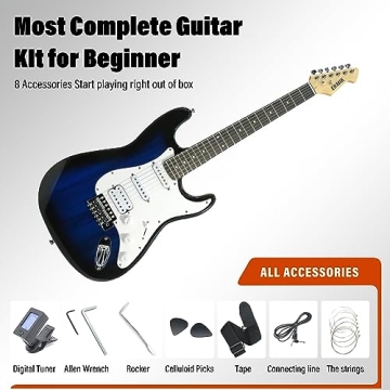 Ermik Soild Body Electric Guitar Kit with Amp 20W, Strings, Strap, Digital Tuner, Picks, Gig Bag, Cable, Tremolo Bar, 39" Full Size Guitar HSS Pickups Guitarra Electrica Beginner Gift - Blue