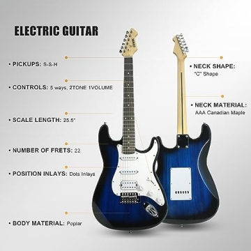 Ermik Soild Body Electric Guitar Kit with Amp 20W, Strings, Strap, Digital Tuner, Picks, Gig Bag, Cable, Tremolo Bar, 39" Full Size Guitar HSS Pickups Guitarra Electrica Beginner Gift - Blue