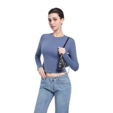 Abonlen Long Sleeve Shirts for Women Crewneck Basic Tees T Shirts Fitted Crop Tops Y2k Going Out Tops (Blue,Small)
