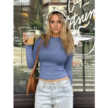 Abonlen Long Sleeve Shirts for Women Crewneck Basic Tees T Shirts Fitted Crop Tops Y2k Going Out Tops (Blue,Small)