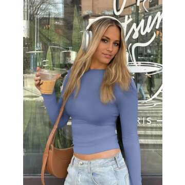 Abonlen Long Sleeve Shirts for Women Crewneck Basic Tees T Shirts Fitted Crop Tops Y2k Going Out Tops (Blue,Small)