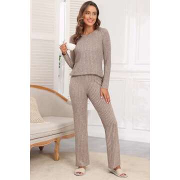 Cnlinkco Womens Pajama Sets Long Sleeve Tops Long Pants 2 Piece Ribbed Knit Lounge Sets Side Slit Co...