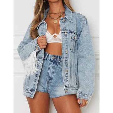 Justalwart Oversized Denim Jacket for Women Festival Jean Jacket With Fringe Trimming (US 8-10)