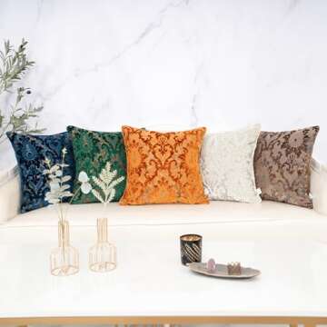 Alerfa Boho White Floral Throw Pillow Cover 18x18 Inch Cut Velvet Sqaure Luxury Embroidered Decorative Pillow Cover for Couch Living Room Bedroom