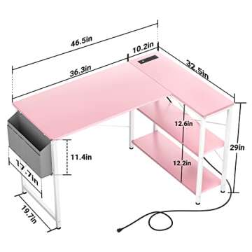 Modern Pink L Shaped Computer Desk with Power Strips