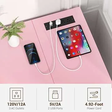 Modern Pink L Shaped Computer Desk with Power Strips