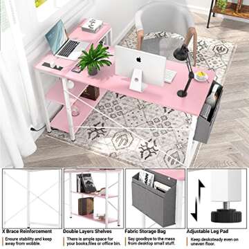 Modern Pink L Shaped Computer Desk with Power Strips