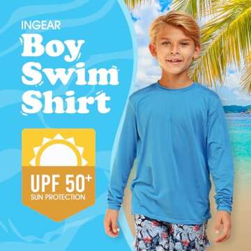 INGEAR Boys' Rash Guard with UPF 50+ Sun Protection, Quick-Dry Swim Shirts for Boys, Lightweight and...