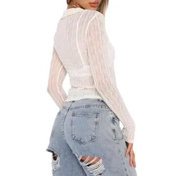 Women Sexy Sheer Mesh Top Lace See Through Crop Tops Slim Fit Low Cut Shirts Square Neck Blouse Clubwear(07-tie Front up White,S)
