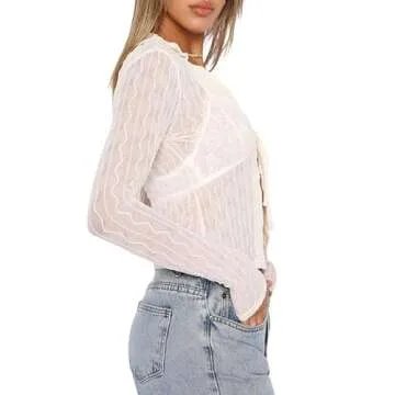 Women Sexy Sheer Mesh Top Lace See Through Crop Tops Slim Fit Low Cut Shirts Square Neck Blouse Clubwear(07-tie Front up White,S)