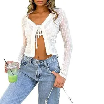 Women Sexy Sheer Mesh Top Lace See Through Crop Tops Slim Fit Low Cut Shirts Square Neck Blouse Clubwear(07-tie Front up White,S)