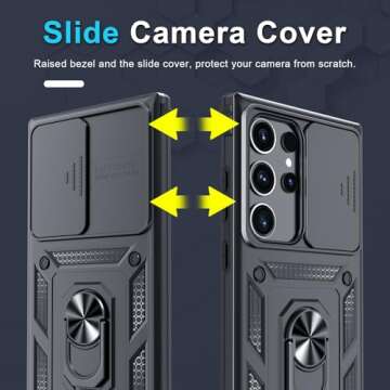 Janmitta Compatible with Samsung Galaxy S25 Ultra Case Built in Slide Camera Lens Cover+Screen Protector+Finger Ring Holder Kickstand,Heavy Duty Shockproof Full Body Phone Cover,2025 Black