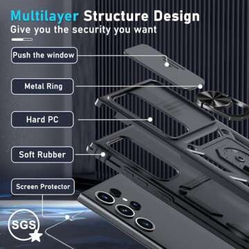 Janmitta Compatible with Samsung Galaxy S25 Ultra Case Built in Slide Camera Lens Cover+Screen Protector+Finger Ring Holder Kickstand,Heavy Duty Shockproof Full Body Phone Cover,2025 Black