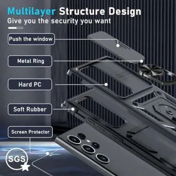 Janmitta Compatible with Samsung Galaxy S25 Ultra Case Built in Slide Camera Lens Cover+Screen Protector+Finger Ring Holder Kickstand,Heavy Duty Shockproof Full Body Phone Cover,2025 Black