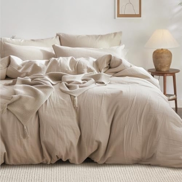 Bedsure 100% Washed Cotton Duvet Cover Queen - Warm Sand Minimalist Duvet Cover Set Linen Like - 3 P...