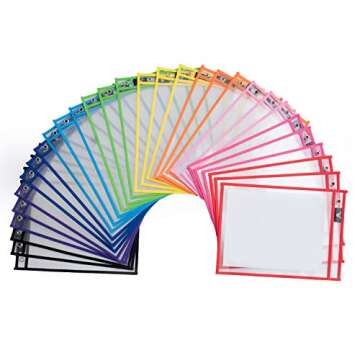 Fat Zebra Designs Dry Erase Pockets - 30 Pack Reusable Clear Plastic Sleeves with Marker - 9x12 Inch...