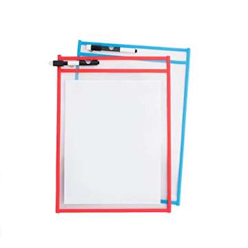 Fat Zebra Designs Dry Erase Pockets - 30 Pack Reusable Clear Plastic Sleeves with Marker - 9x12 Inches Multi-Colored Sheets School & Classroom Supplies for Teachers & Kids