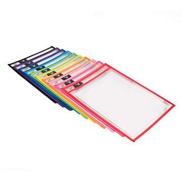 Fat Zebra Designs Dry Erase Pockets - 30 Pack Reusable Clear Plastic Sleeves with Marker - 9x12 Inches Multi-Colored Sheets School & Classroom Supplies for Teachers & Kids
