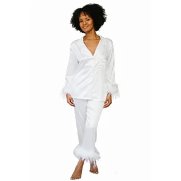 Belle's Luxe Feather Bridal Pajamas - Satin Silk Sleepwear Set