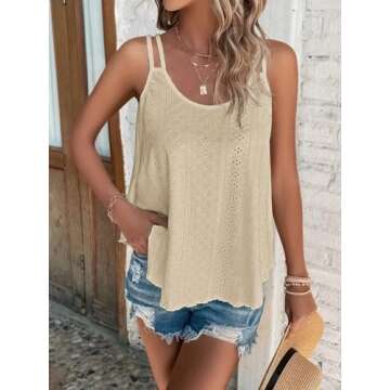 ATHMILE Women's Tank Tops Eyelet Embroidery Sleeveless Spaghetti Strap Tops Scoop Neck Sexy Loose Fit Casual Summer Flowy Cami Apricot