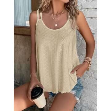 ATHMILE Women's Tank Tops Eyelet Embroidery Sleeveless Spaghetti Strap Tops Scoop Neck Sexy Loose Fit Casual Summer Flowy Cami Apricot