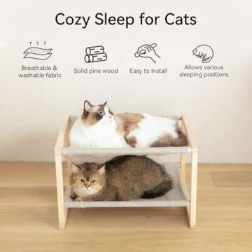 Cat Hammock Cat Beds for Indoor Cats, Double Wooden Cat Bed, Elevated Cat Bed with Two Breathable Wa...