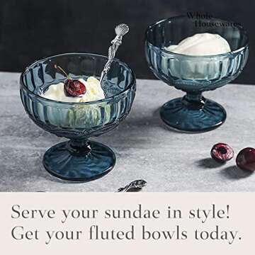 WHOLE HOUSEWARES 12 Ounce Glass Ice Cream Bowls - Vintage Pressed Pattern Glass Dessert Bowls - Trifle/Fruit/Salad/Sunday Small Ice Cream Bowl, Solid Glass Color, Set of 4 (Blue)