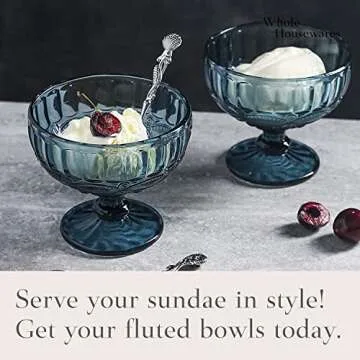 WHOLE HOUSEWARES 12 Ounce Glass Ice Cream Bowls - Vintage Pressed Pattern Glass Dessert Bowls - Trifle/Fruit/Salad/Sunday Small Ice Cream Bowl, Solid Glass Color, Set of 4 (Blue)