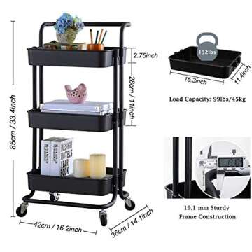 Storage Trolley Cart - 3 Tier Rolling Utility Organizer Rack, Craft Art Cart, Multi-Purpose Organizer Shelf, Tower Rack Serving Trolley for Office Bathroom Kitchen Kids’ Room Laundry Room, Black