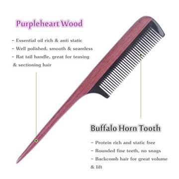 Breezelike Hair Combs - Fine Tooth Wooden Tail Comb - No Static Purpleheart Wood Comb with Black Buffalo Horn Teeth