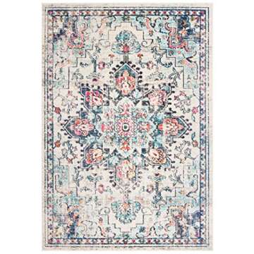 SAFAVIEH Madison Collection Area Rug - 5'3" x 7'6", Cream & Blue, Boho Chic Medallion Distressed Design, Non-Shedding & Easy Care, Ideal for High Traffic Areas in Living Room, Bedroom (MAD473B)