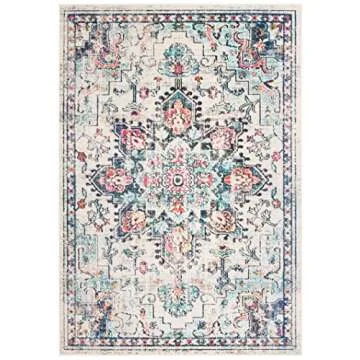 SAFAVIEH Madison Collection Area Rug - 5'3" x 7'6", Cream & Blue, Boho Chic Medallion Distressed Design, Non-Shedding & Easy Care, Ideal for High Traffic Areas in Living Room, Bedroom (MAD473B)