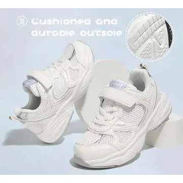 LUCKY STEP Kids Tennis Running Shoes for Children Athletic Sports Gym Lightweight Casual Walking Wide Shoes Toddler School Sneakers(White,Little Kid 12)