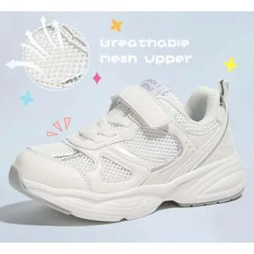 LUCKY STEP Kids Tennis Running Shoes for Children Athletic Sports Gym Lightweight Casual Walking Wide Shoes Toddler School Sneakers(White,Little Kid 12)