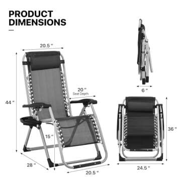 MoNiBloom Reinforced Zero Gravity Chair, Folding Pool Beach Lounger, Portable Tanning Chaise with Cushion, Headrest and Side Tray, 330lbs Capacity - Black