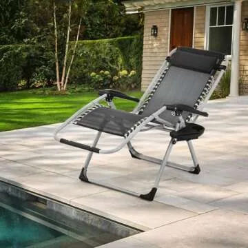 MoNiBloom Reinforced Zero Gravity Chair, Folding Pool Beach Lounger, Portable Tanning Chaise with Cushion, Headrest and Side Tray, 330lbs Capacity - Black