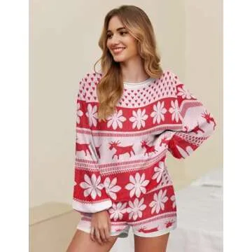 Ekouaer Knit Pajamas Set for Women Lounge Sets 2 Piece Long Sleeve Top and Shorts Pj Soft Sleepwear Cute Sweater Outfits Christmas White S