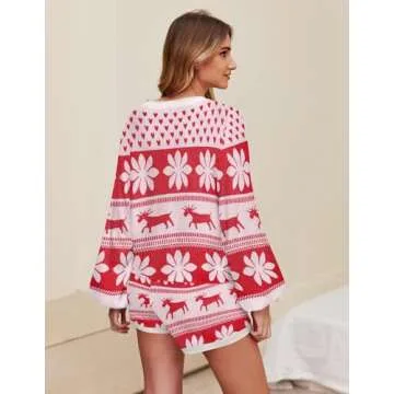 Ekouaer Knit Pajamas Set for Women Lounge Sets 2 Piece Long Sleeve Top and Shorts Pj Soft Sleepwear Cute Sweater Outfits Christmas White S
