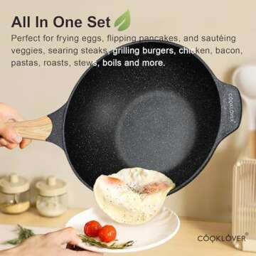 COOKLOVER Nonstick Woks And Stir Fry Pans Die-cast Aluminum Scratch Resistant 100% PFOA Free Induction Wok pan with Lid 12.6 Inch - Black