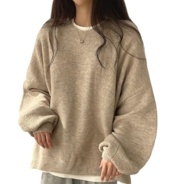 Women's Fall Winter Oversize Sweater, Crew Neck Pullover Sweater Lantern Sleeve Side Slit Pullover J...