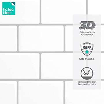 Tic Tac Tiles 12"x 12" Peel and Stick Self Adhesive Removable Stick On Kitchen Backsplash Bathroom 3D Wall Sticker Wallpaper Tiles in Subway Designs (Mono White, 10)