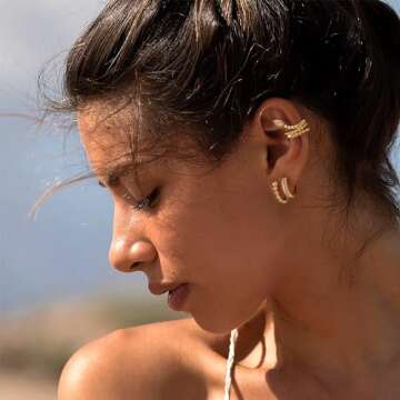 MYEARS Women Gold Huggie Hoop Beaded Earrings Ear Stud Cuff 14K Gold Plated Small Simple Minimalist ...