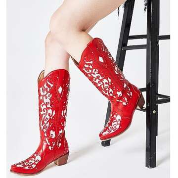 SaraIris Women's Rhinestone Boots Cowgirl Boots Mid Calf Boots Victorian Boots Chunky Heel Pull On Western Boots for Women