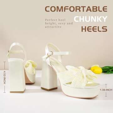 KHPAERMEI Bow Knot Platform Heels for Women Fashion Open Toe Chunky Heeled Sandals Ankle Strap Weddi...