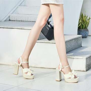 KHPAERMEI Bow Knot Platform Heels for Women Fashion Open Toe Chunky Heeled Sandals Ankle Strap Wedding Party Dress High Heels